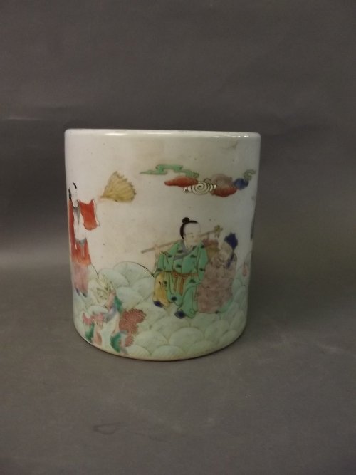 A large Chinese pottery cylindrical famille rose brush: A large Chinese pottery cylindrical famille rose brush pot painted with figures, 6½'' high