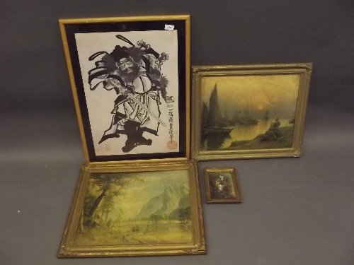 A pair of gilt framed prints, 23½'' x 19'', a small: A pair of gilt framed prints, 23½'' x 19'', a small oil, still life of flowers, and a Japanese print