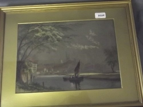 A C19th watercolour on coloured paper, river landscape: A C19th watercolour on coloured paper, river landscape with figures in a boat, signed indistinctly, image 13½'' x 10''