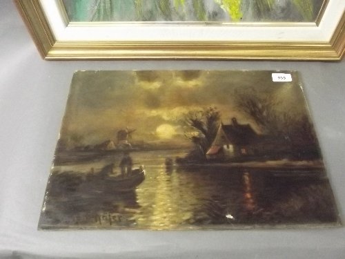 A C19th oil on board, Dutch river landscape at: A C19th oil on board, Dutch river landscape at moonlight, signed indistinctly, 18'' x 12½'', and an oil painting of flowers