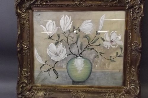 A watercolour and gouache still life picture of: A watercolour and gouache still life picture of Magnolias in a C19th gilt swept frame, 23'' x 19''