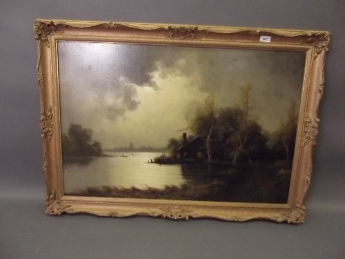 Nils H. Christiansen (1850-1922), a large Danish oil on: Nils H. Christiansen (1850-1922), a large Danish oil on canvas, river landscape with figures by a dwelling and distant windmill, signed, in a gilt frame, image 35½'' x 23½''