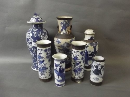 Six C19th Chinese blue and white pottery vases, 13'': Six C19th Chinese blue and white pottery vases, 13'' high, with faults