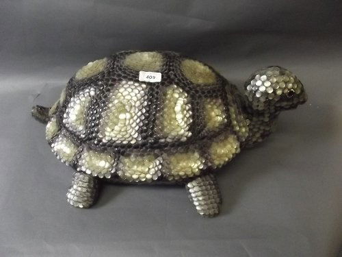 A large lacquer and abalone shell model of a turtle,: A large lacquer and abalone shell model of a turtle, 22'' wide