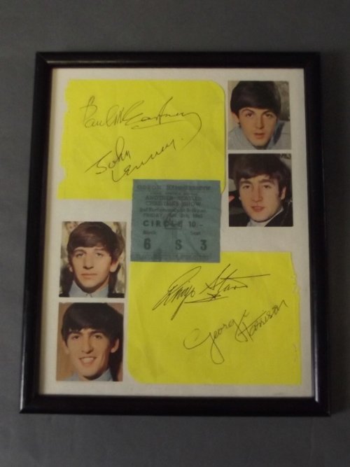 A framed montage containing original autographs and: A framed montage containing original autographs and headshots of The Beatles and a ticket stub from The Beatles January 8th, 1965 Odeon Hammersmith show, 8'' x 10''