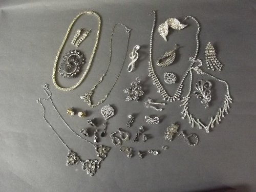 A collection of diamante costume jewellery, some: A collection of diamante costume jewellery, some silver, Best Bid
