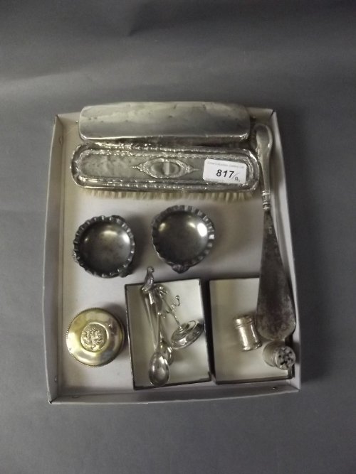 A Hallmarked silver ring stand decorated with a bird, 2: A Hallmarked silver ring stand decorated with a bird, 2 silver backed brushes etc