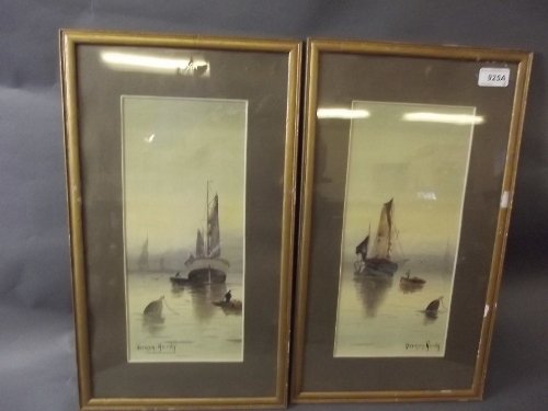 Vernon Hardy, a pair of watercolours, sailing boats at: Vernon Hardy, a pair of watercolours, sailing boats at anchor, in giltwood frames, 13'' x 6''