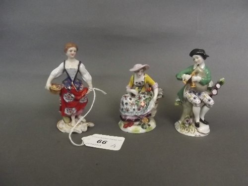 A C19th Dresden porcelain figure of a maiden, 4'' high,: A C19th Dresden porcelain figure of a maiden, 4'' high, and 2 other C19th figures