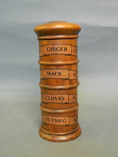 A four section treen spice tower, 7½'' high: A four section treen spice tower, 7½'' high