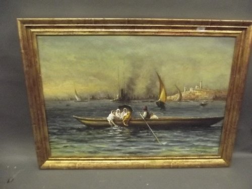 A large oil on canvas, view of Istanbul with figures in: A large oil on canvas, view of Istanbul with figures in boats etc, signed T. Zonaro (?), in a gilt frame, image 37'' x 25¼''