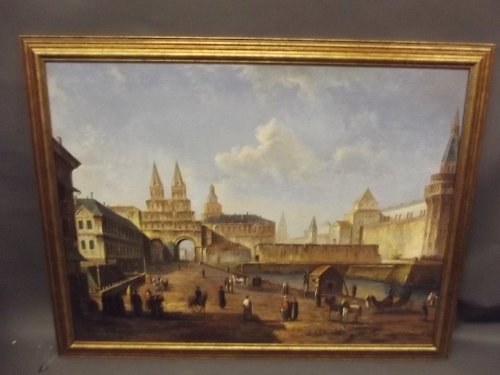 A large C19th oil on canvas, Venetian scene with figure: A large C19th oil on canvas, Venetian scene with figures and horses etc, signed indistinctly, in a gilt frame, image 48'' x 35½''