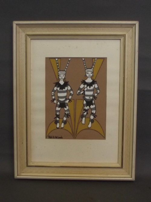 Pablita Velarde, signed gouache, study of dancers, insc: Pablita Velarde, signed gouache, study of dancers, inscribed verso 'Rain Dance, Colorado', 6'' x 8''