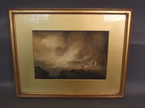 William Payne, signed C19th watercolour, rocky coastal : William Payne, signed C19th watercolour, rocky coastal landscape with figures attending a shipwreck, 12'' x 8½''