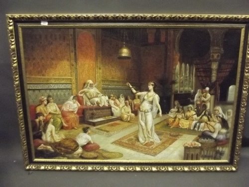 A large C19th orientalist oil on canvas, snake charming: A large C19th orientalist oil on canvas, snake charming scene, possibly Ottomann, signed F. Biratti (?), image 51'' x 33½''