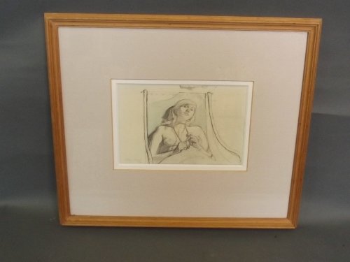 John Ward R.A., signed watercolour and pencil, study of: John Ward R.A., signed watercolour and pencil, study of a female nude in a deck chair, inscribed verso as a gift from the artist, 9¼'' x 6''