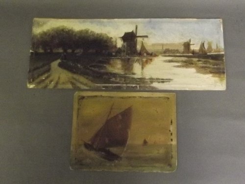 An oil on card, windmills by a river, 16'' x 6'', and a: An oil on card, windmills by a river, 16'' x 6'', and another of sailing ships