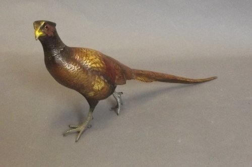 A cold painted bronze pheasant, impressed 'Geschutzt, 1: A cold painted bronze pheasant, impressed 'Geschutzt, 1672', marked 'B' to underside, 12¼'' long