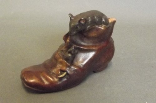 A cold painted bronze boot with 2 mice crawling over it: A cold painted bronze boot with 2 mice crawling over it, impressed 'Geschutzt' to side, 5'' long