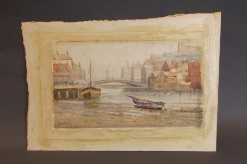 George W. Weatherill, monogrammed watercolour, Whitby v: George W. Weatherill, monogrammed watercolour, Whitby view, inscribed on label verso 'Whitby Old Bridge 1868', unframed, 12'' x 8¾''