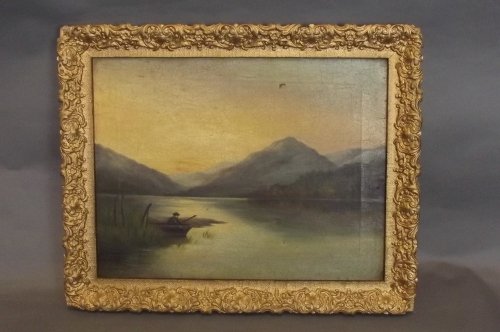 An unsigned oil on canvas, fisherman in a lake, 18'' x : An unsigned oil on canvas, fisherman in a lake, 18'' x 14''