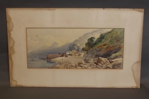 William Henry Pike (1846-1908), a C19th unframed waterc: William Henry Pike (1846-1908), a C19th unframed watercolour, beach scene with figures, donkeys etc, signed and dated '71, image 19½'' x 8½''