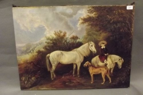 A C19th unframed oil on canvas, English naive school wi: A C19th unframed oil on canvas, English naive school with child riding a pony with attendant horse and hound, 30'' x 22''