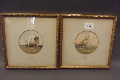 William Adolphus Knell, a pair of C19th watercolours, s: William Adolphus Knell, a pair of C19th watercolours, ships at sea, 1848, 9'' square includes frames