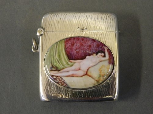 A large silver vesta with applied plaque of a nude to: A large silver vesta with applied plaque of a nude to side, Birmingham 1905, 2Â¼'' long