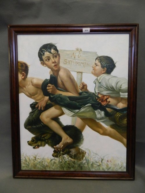 After Norman Rockwell, 'No Swimming', oil on canvas,: After Norman Rockwell, 'No Swimming', oil on canvas, image 31'' x 24''