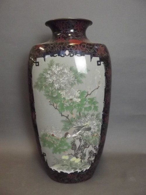 A large C19th Japanese cloisonné vase with bird and: A large C19th Japanese cloisonné vase with bird and flower decoration (AF), 24'' high