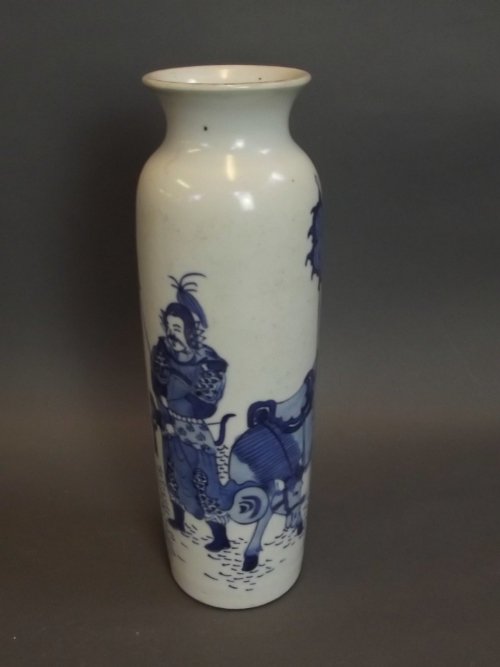 A Chinese blue and white vase with painted decoration: A Chinese blue and white vase with painted decoration of a warrior and his attendant, 9¼'' high