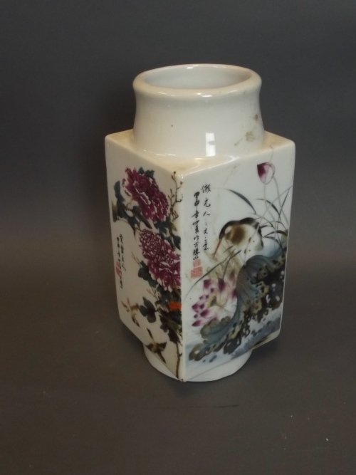 A Chinese rectangular porcelain vase with birds amongst: A Chinese rectangular porcelain vase with birds amongst flowering trees decoration, mark to base, 7¼'' high