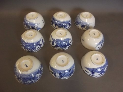 A set of 9 Chinese blue and white bowls painted with: A set of 9 Chinese blue and white bowls painted with figures, mark to base, 4¼'' diameter