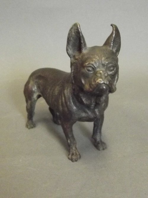A bronze figure of a French bulldog, impressed: A bronze figure of a French bulldog, impressed Geschutzt to inner leg, 4½'' long