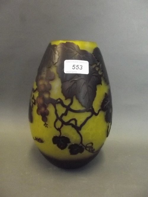 A Gallé style cameo glass vase decorated with grape and: A Gallé style cameo glass vase decorated with grape and vine, signed, 9¼'' high