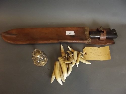 A C19th machete in a leather scabbard, a string of: A C19th machete in a leather scabbard, a string of Papuan alligator's teeth, and an Eastern white metal and ebony candlestick, machete 20'' long