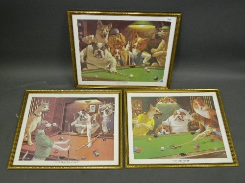 Arthur Sarnoff, set of 3 colour litho prints, dogs: Arthur Sarnoff, set of 3 colour litho prints, dogs playing pool entitled 'The Hustler', 'Jack The Ripper', and 'The Scratching Beagle', 19¾'' x 16''