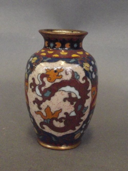 A small cloisonné vase decorated with a dragon and a: A small cloisonné vase decorated with a dragon and a phoenix, 2½'' high