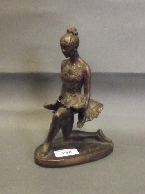 Nathan David, a bronze model of a kneeling ballerina,: Nathan David, a bronze model of a kneeling ballerina, signed, 'Curtain Call', a private commission of the Royal Society of British Sculptures, 8¼'' high