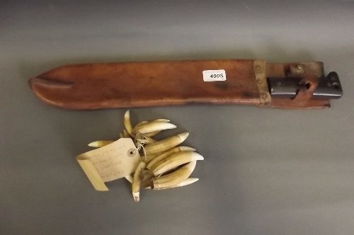 A C19th machete in a leather scabbard, a string of: A C19th machete in a leather scabbard, a string of Papuan alligator's teeth, and an Eastern white metal and ebony candlestick, machete 20'' long, Best Bid