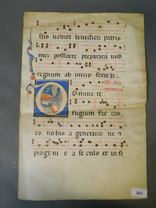 An illuminated parchment with music and text for a: An illuminated parchment with music and text for a chant 'Domine refugium factus es habbis...', 19'' x 11½''
