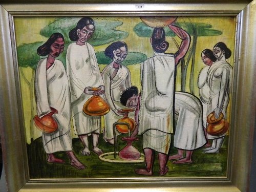 A large modernist oil on canvas, Indonesian women at a: A large modernist oil on canvas, Indonesian women at a well, signed Chanda (?), image 36'' x 28''