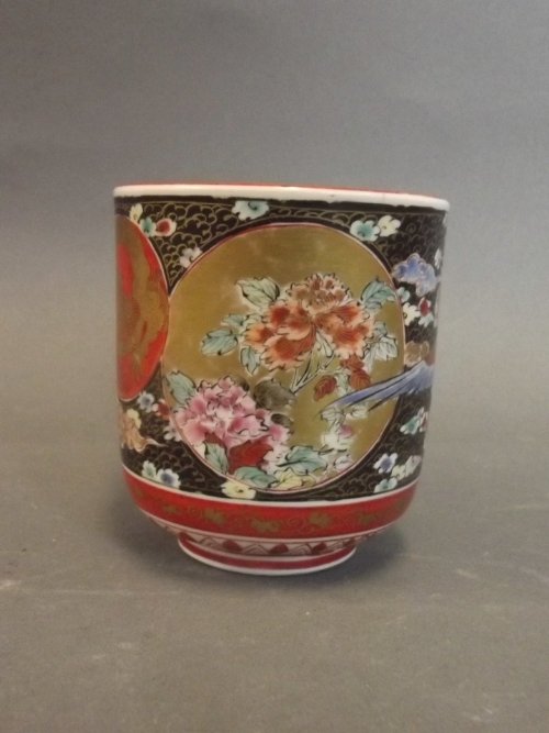 A C19th Japanese Satsuma beaker painted with an Asiatic: A C19th Japanese Satsuma beaker painted with an Asiatic pheasant, with gilt roundels, signed, 3'' high