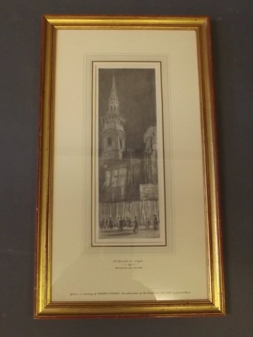 Muirhead Bone, signed graphite drawing, 'St. Brides at: Muirhead Bone, signed graphite drawing, 'St. Brides at Night', inscribed as a gift from James Bone, 4½'' x 13¾''