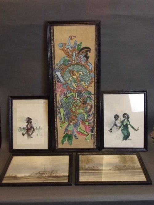 A collection of watercolours depicting figures at work: A collection of watercolours depicting figures at work and lakeside village scenes, includes two signed Thai pictures and one Hindu themed painting on linen