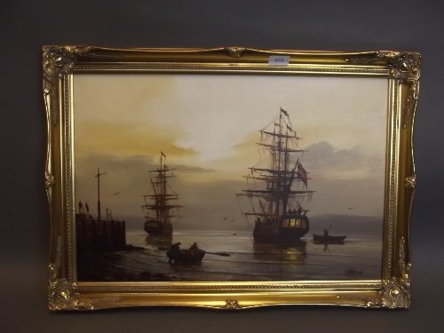 An oil on canvas, moored galleons at dusk, signed: An oil on canvas, moored galleons at dusk, signed Jason, in a gilt frame, image 23½'' x 16''