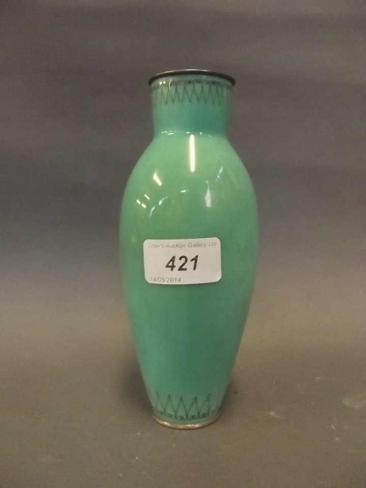 A Japanese green ground cloisonné vase, marked, 7¼'': A Japanese green ground cloisonné vase, marked, 7¼'' high