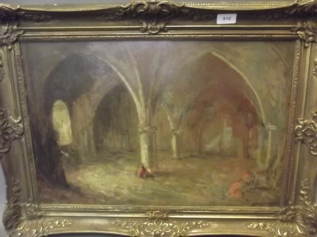 E. Bosch, signed oil, monastic figure in a gothic: E. Bosch, signed oil, monastic figure in a gothic interior, image 23'' x 15''