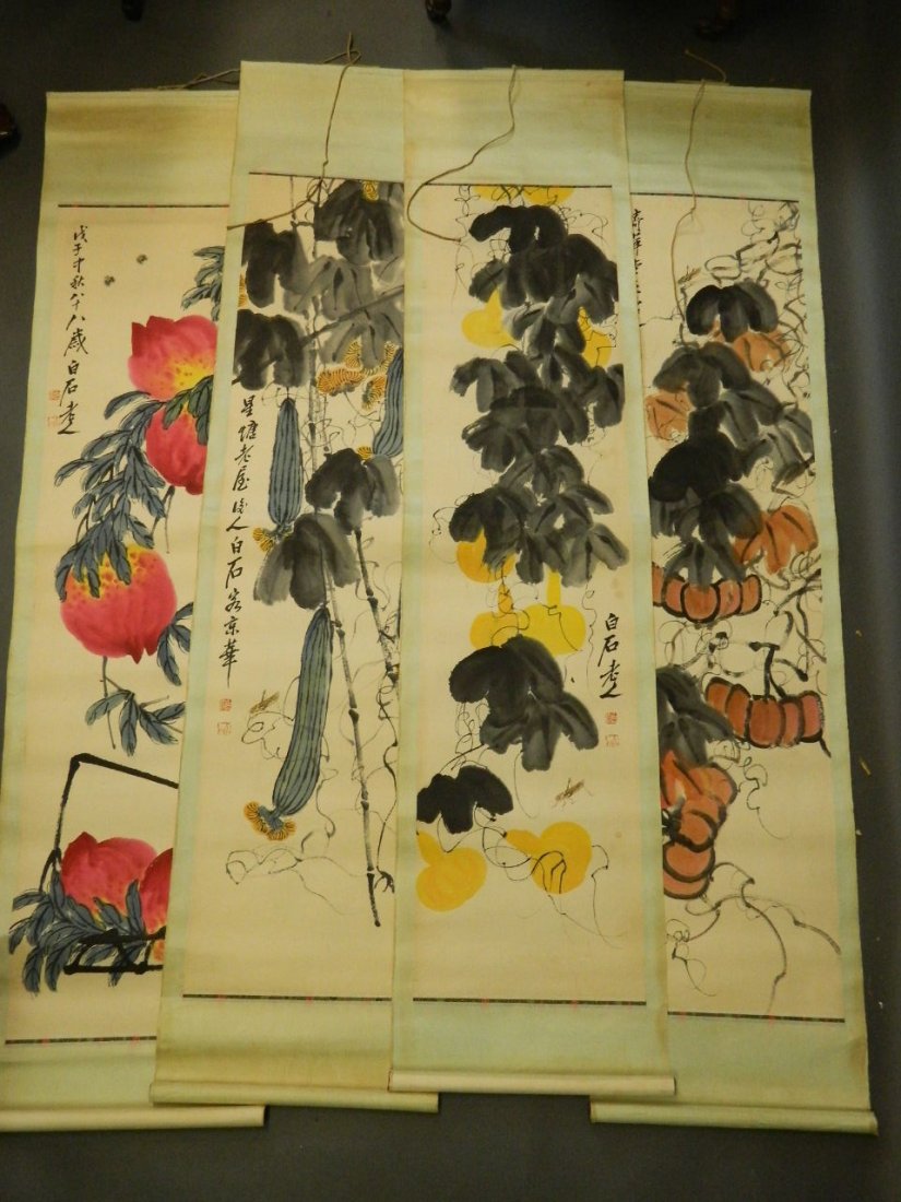 A set of four hand painted Chinese scrolls depicting: A set of four hand painted Chinese scrolls depicting gourds and fruits, 13'' x 54''